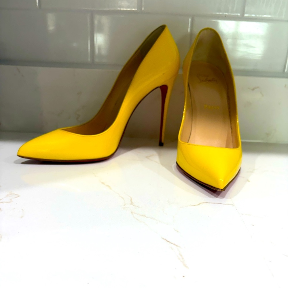 Christian Louboutin Yellow Patent Leather Pointed-Toe Pumps
